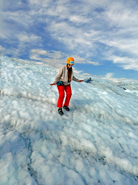 Karen Duquette walking down a sheet of ice